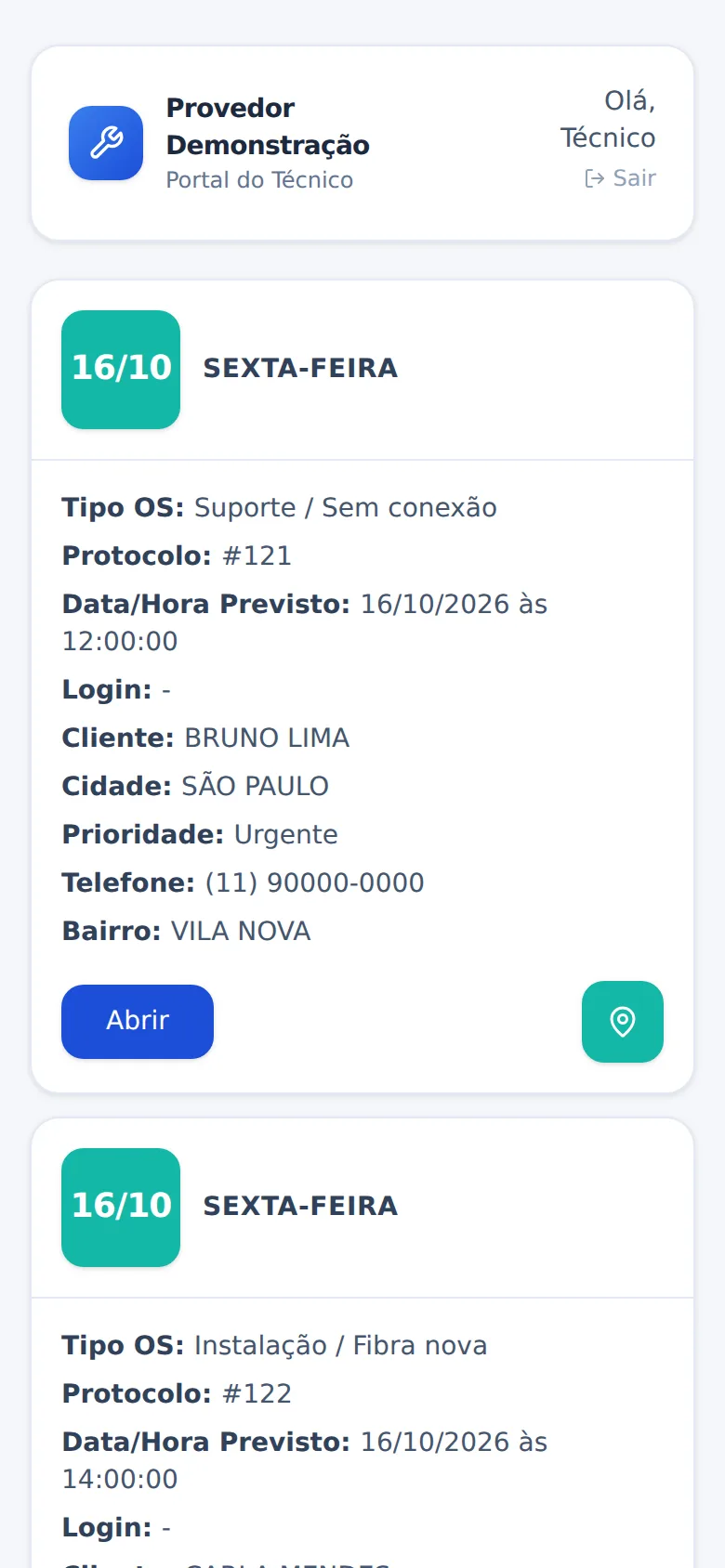App do técnico no celular, com dados fictícios