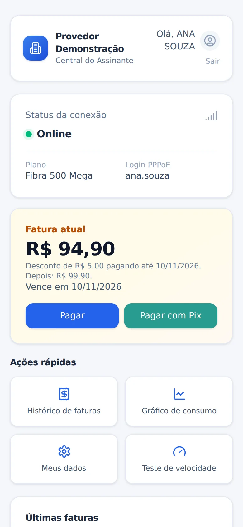 Central do Assinante no celular, com dados fictícios