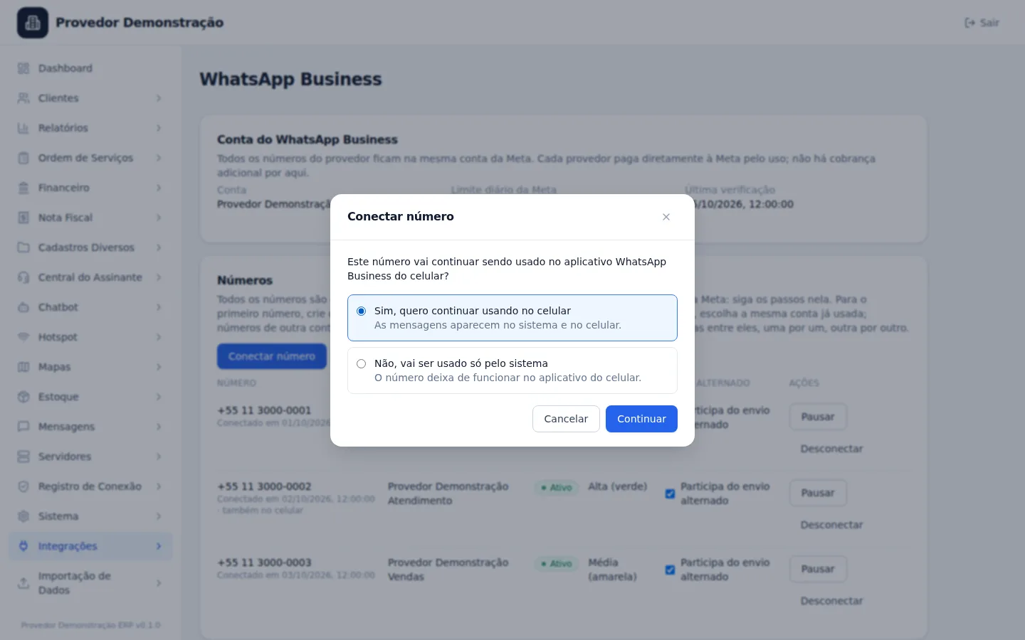 Janela para conectar um número do WhatsApp oficial, com dados fictícios
